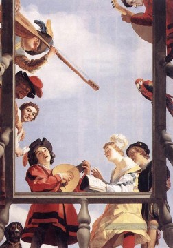 Groupe musical sur un balcon à la chandelle Gerard van Honthorst Peinture décoratif